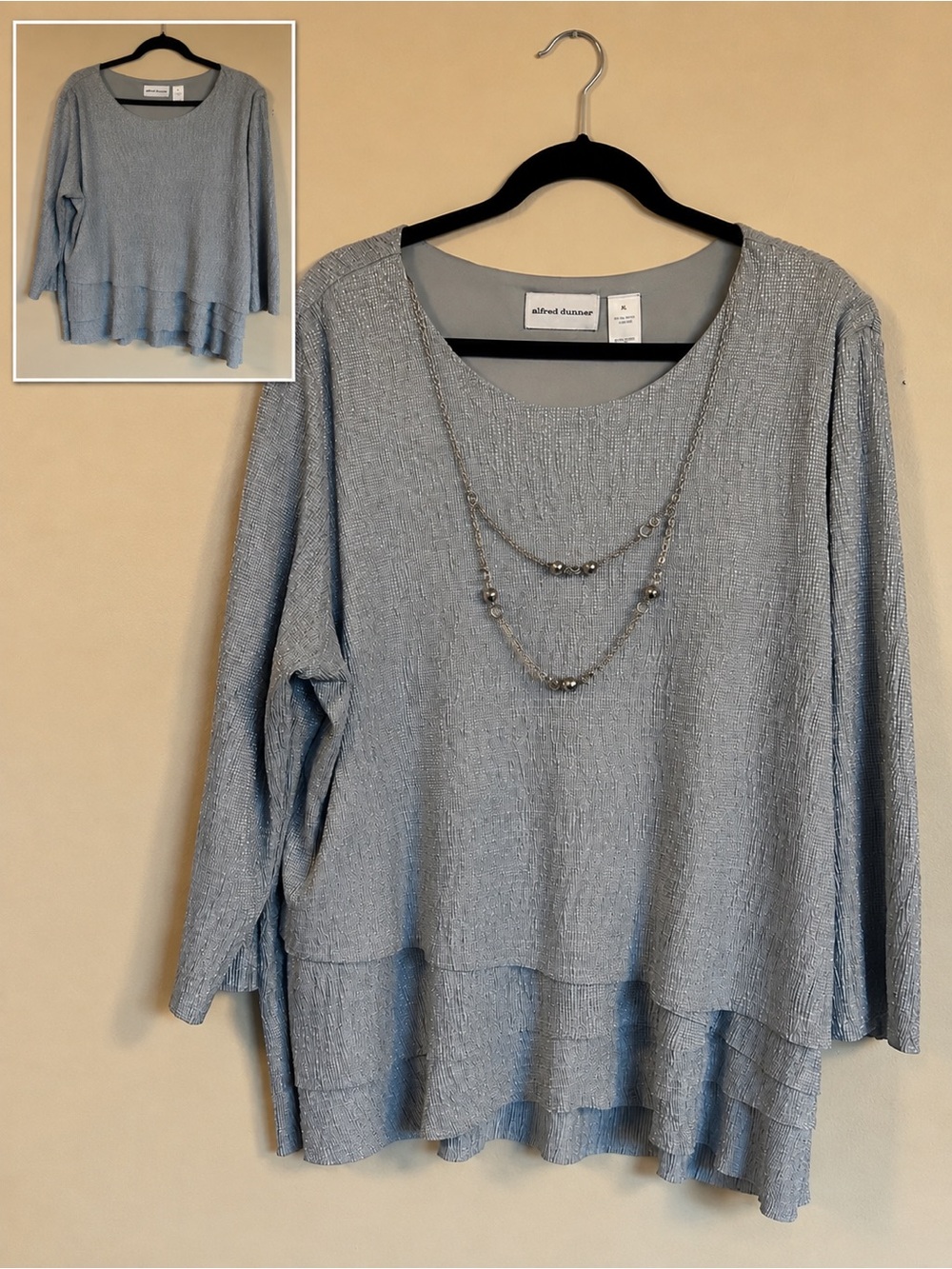 Alfred Dunner Light Blue Scoop Neck Layered Hem Knit Top